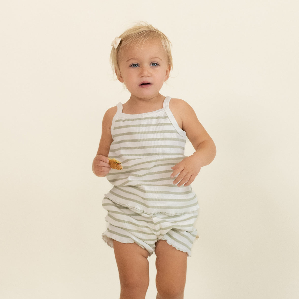Organic Spaghetti Top & Short Set - Sage Stripes - HoneyBug