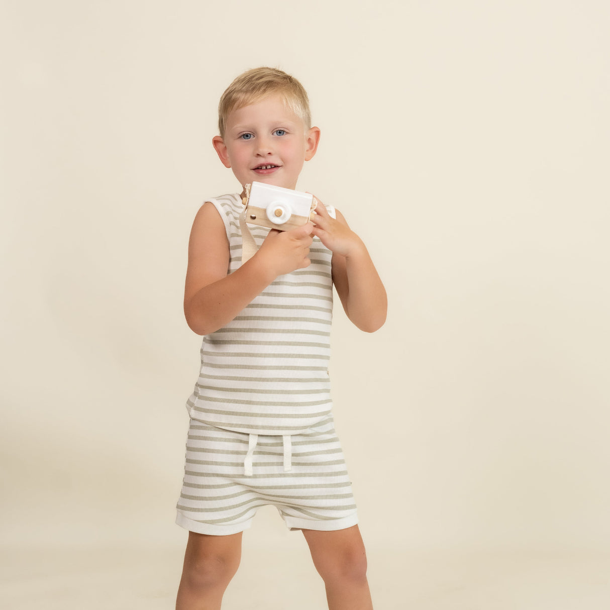 Organic Tank & Tee Shorts Set - Sage Stripes - HoneyBug