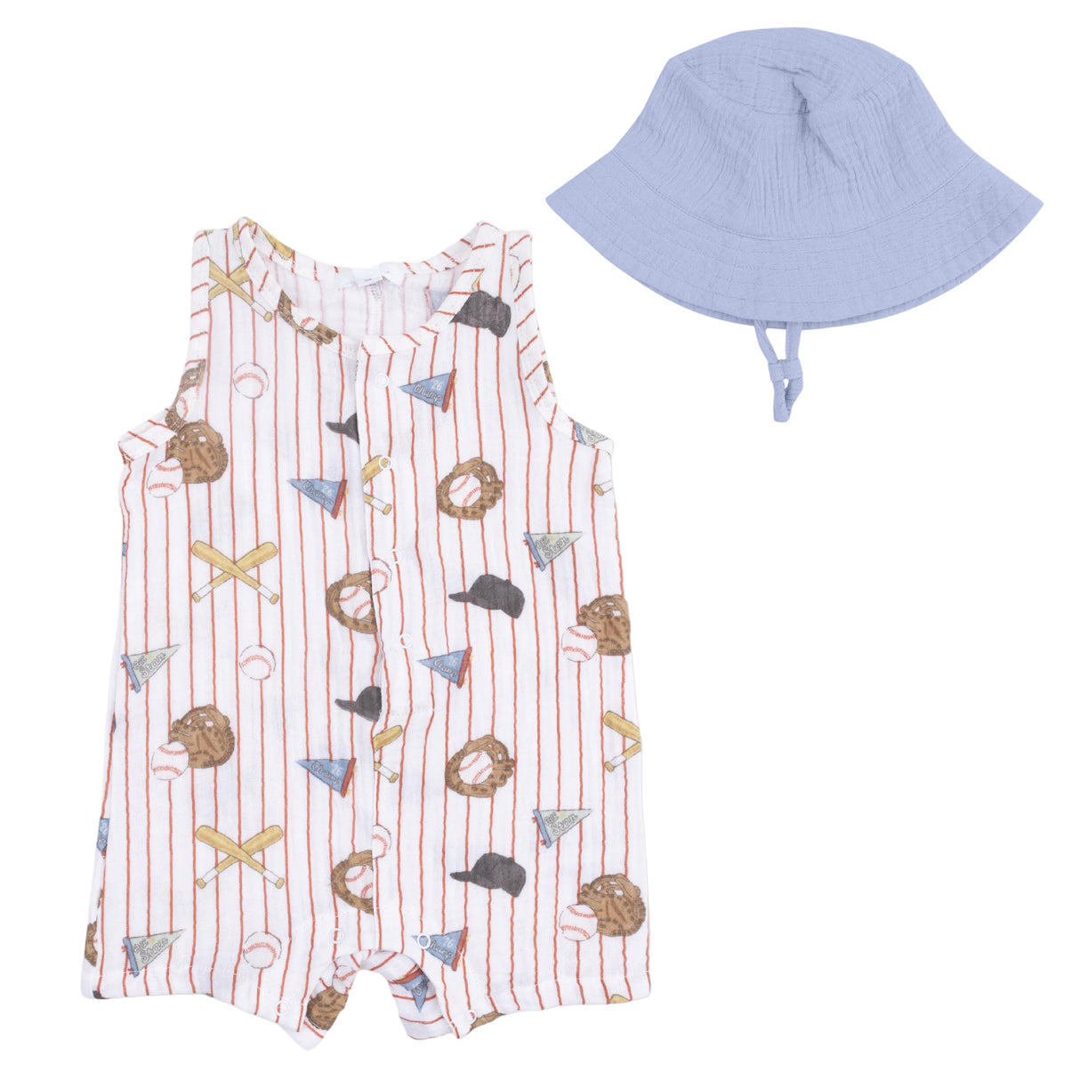 Vintage Baseball Stripe - Muslin Sleeveless Shortie Romper with Bucket Hat