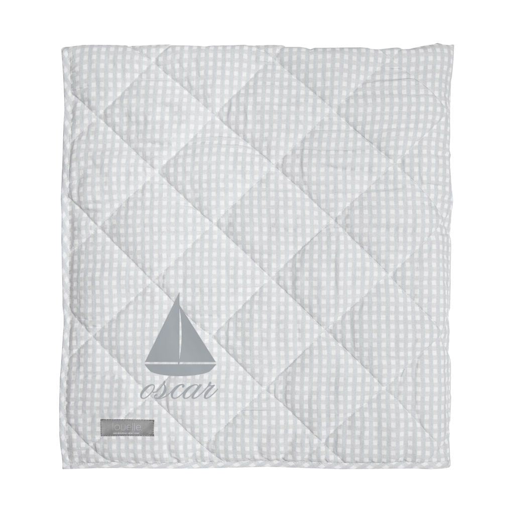 Monogrammed Play mat | grey gingham and white linen - HoneyBug