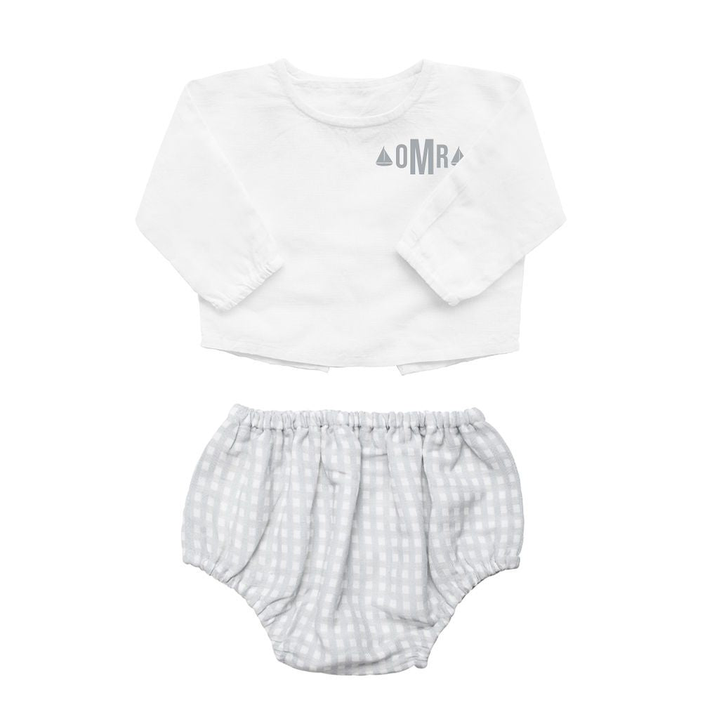 Monogrammed Gift set | double button shirt and grey gingham bloomer - HoneyBug