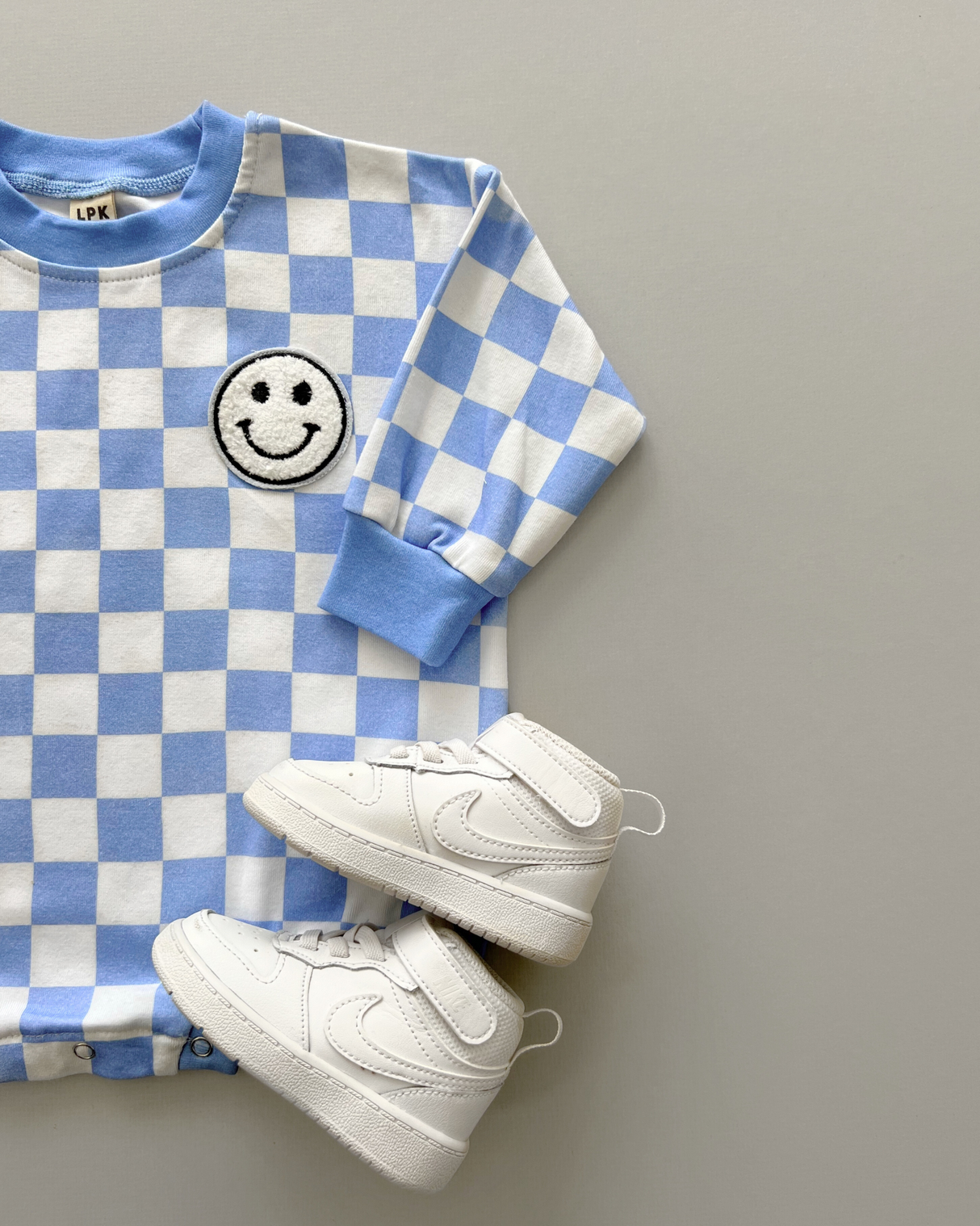 Bubble Romper | Checkered Smiley Blue - HoneyBug