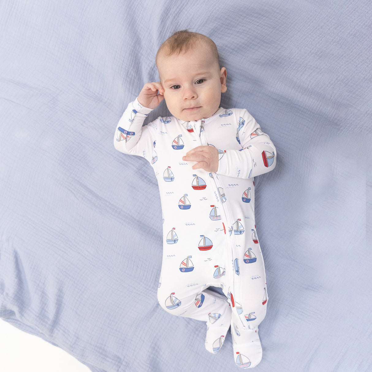 Bubbly Sailboats Blue - 2 Way Zipper Footie