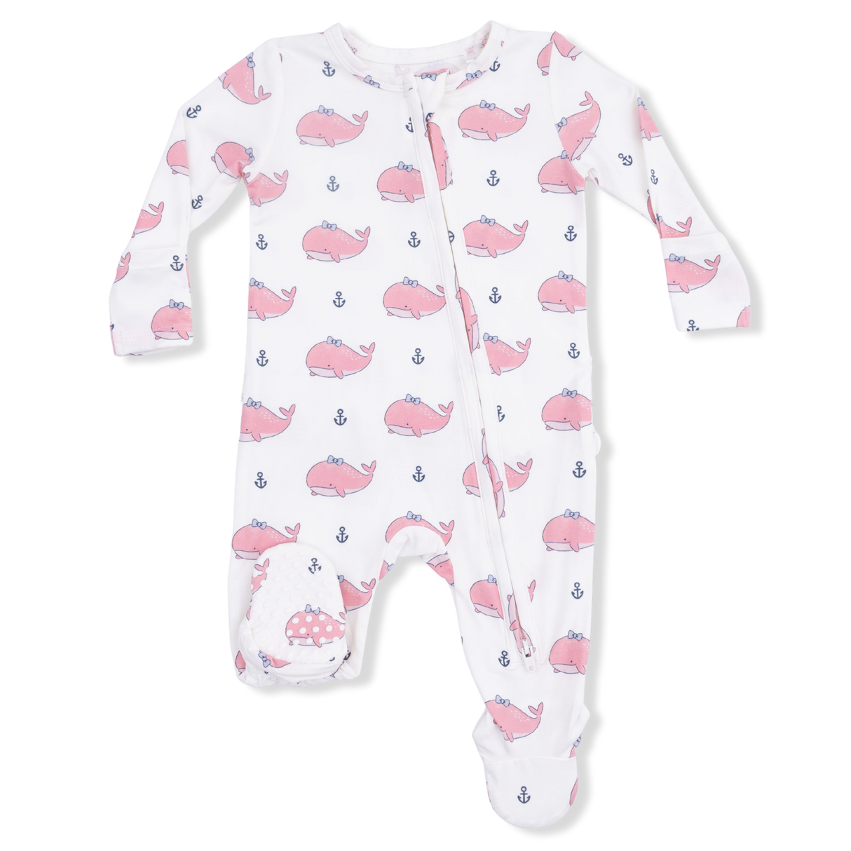 Bubbly Whale with Bow Pink - 2 Way Ruffle Back Zipper Footie