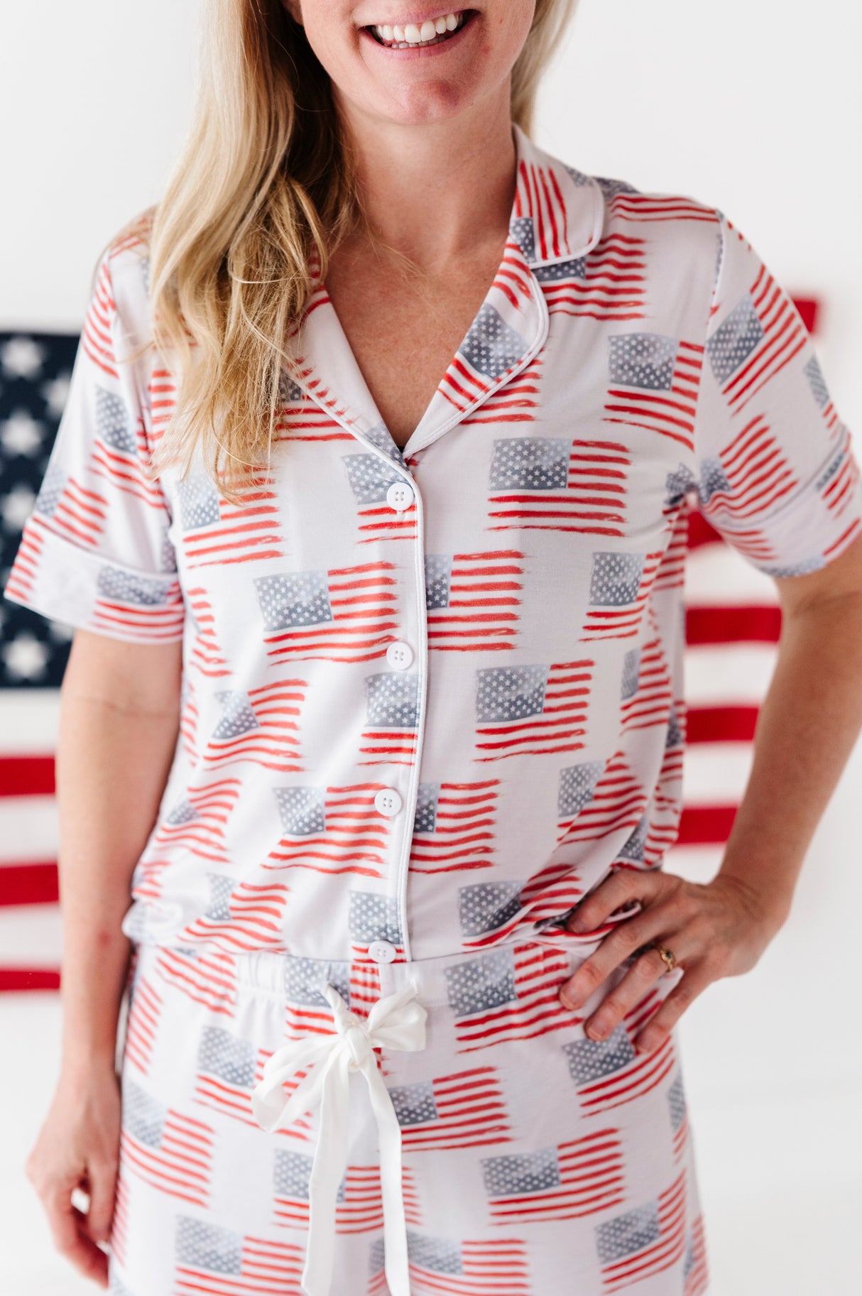 American Flag Womenβs Button Down Short Set - HoneyBug