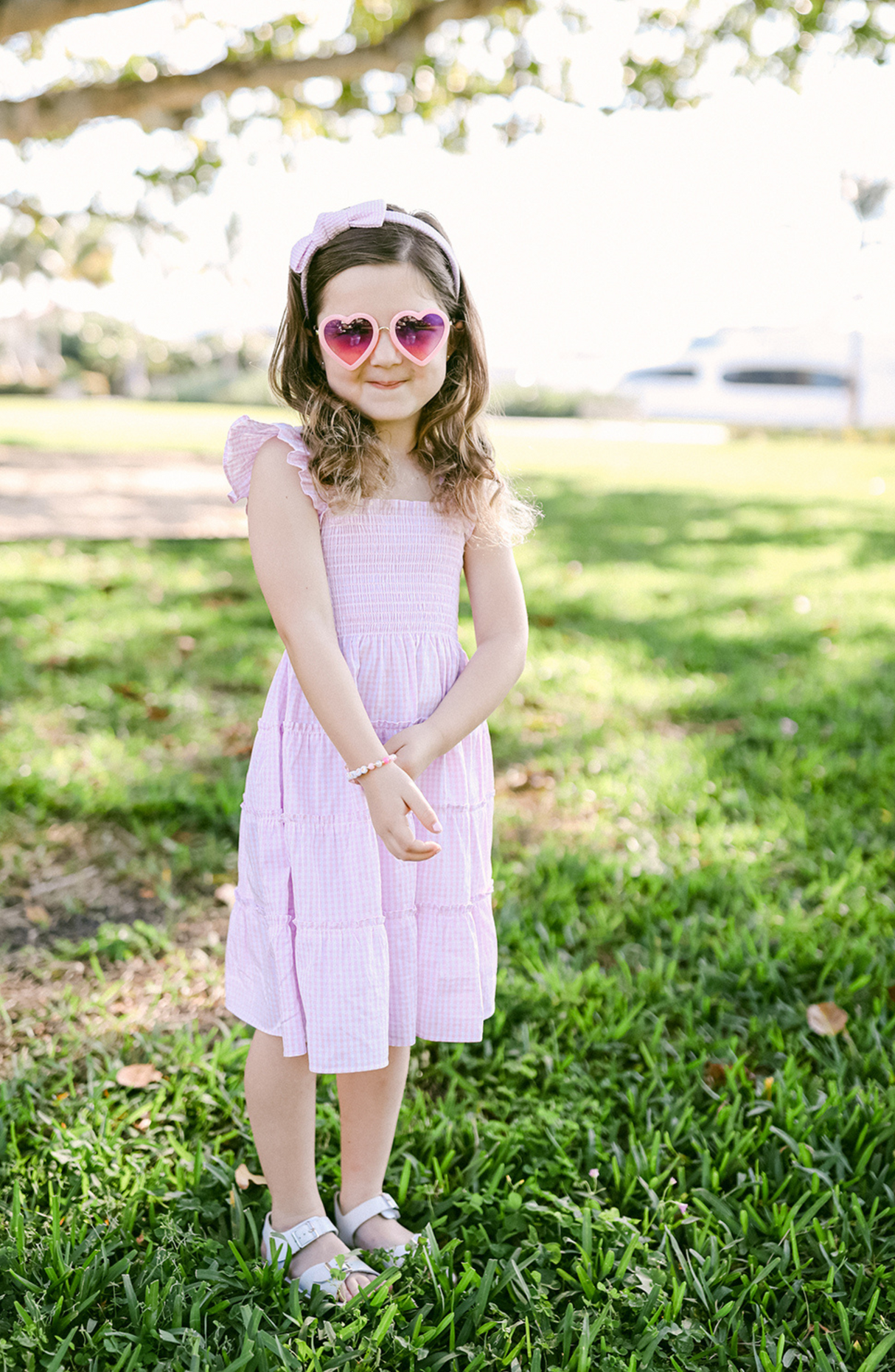 Seersucker Bow Headband in Pink/White