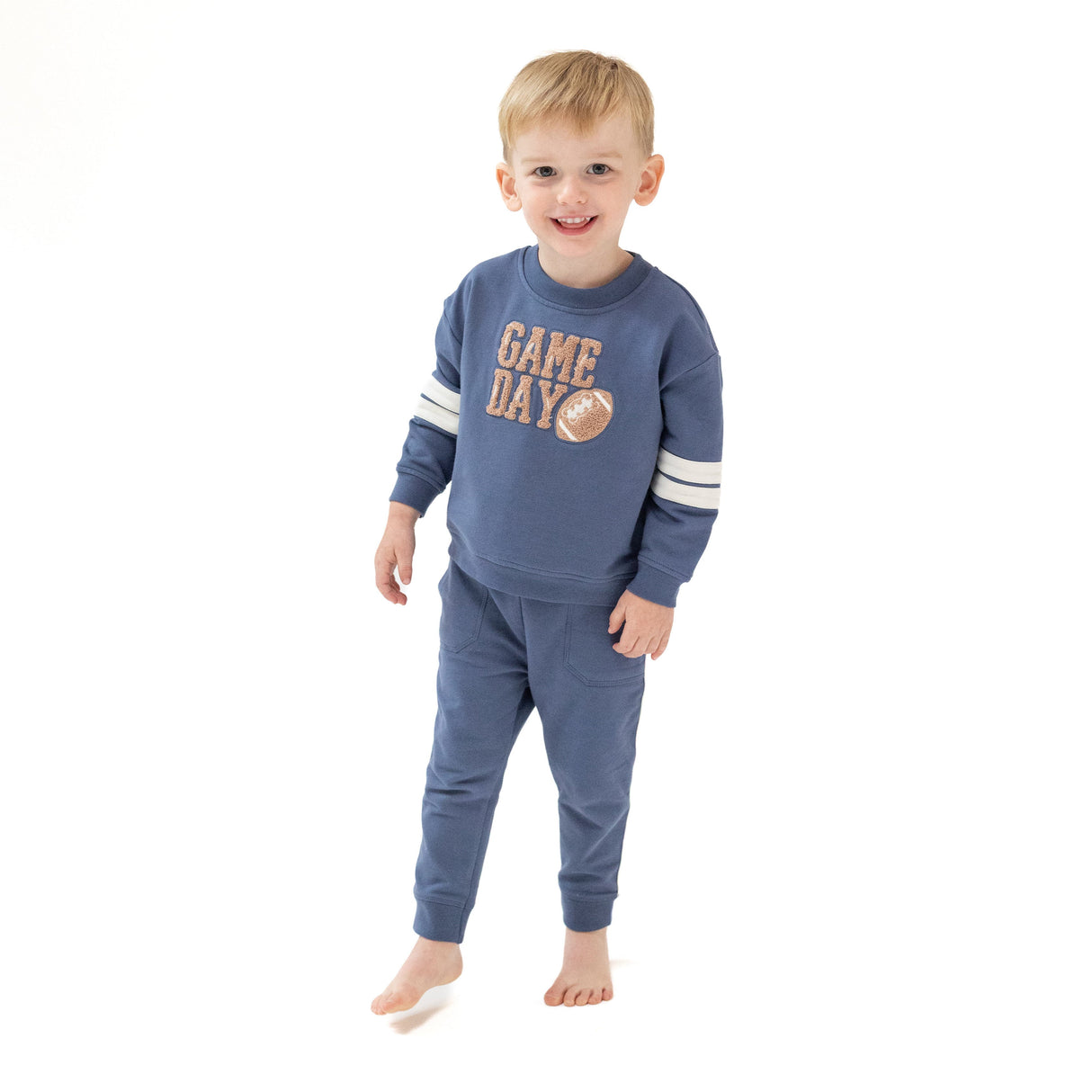 Cozy Drop Sleeve Sweatshirt with Varsity Stripes - Varsity Vintage Indigo - HoneyBug