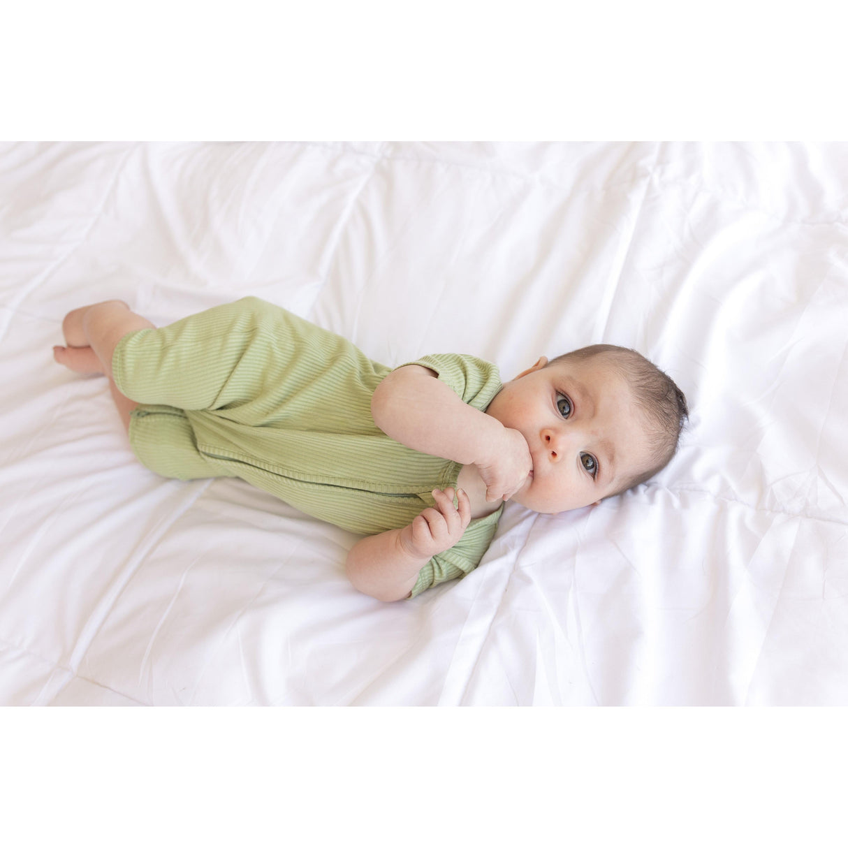 SHORTIE ZIP ROMPER - Pistachio Ribbed - HoneyBug