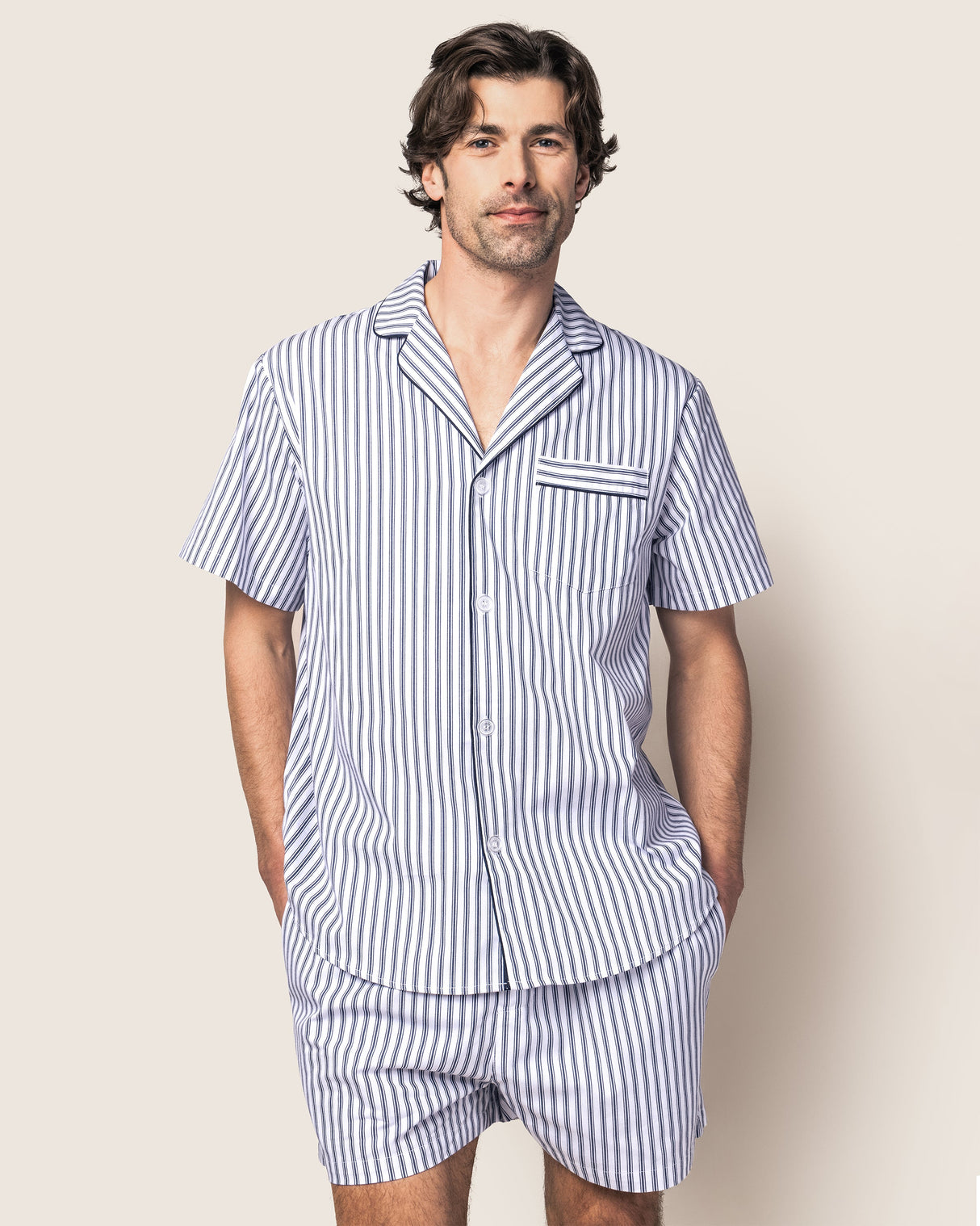 Men's Twill Pajama Short Set in Navy French Ticking - HoneyBug