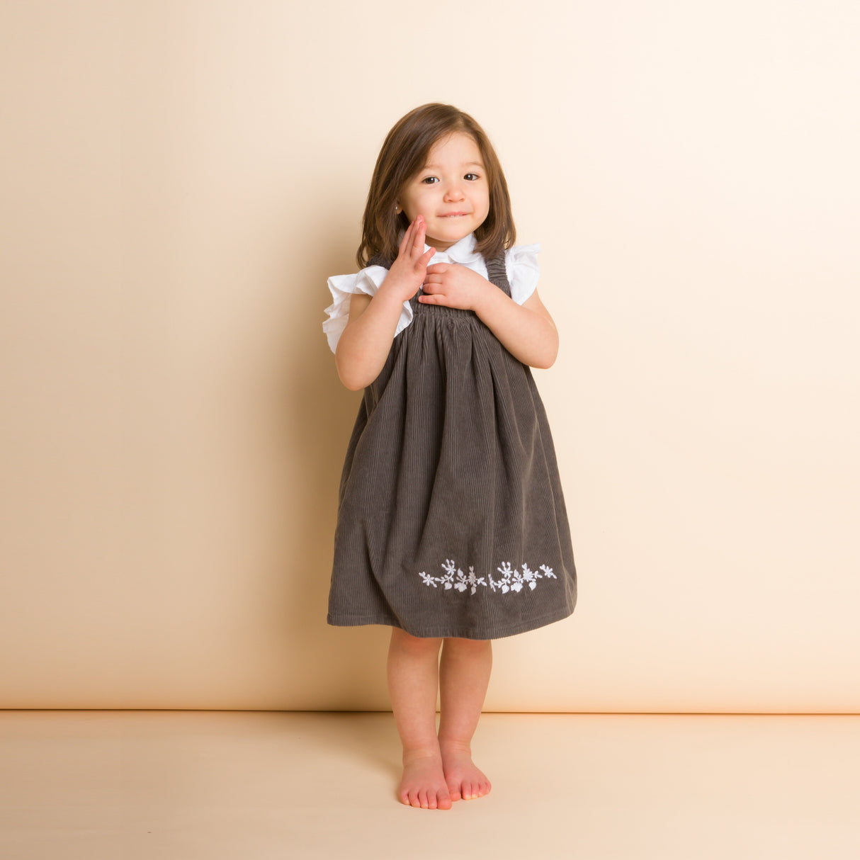 Toddler Pinafore Corduroy Dress with Embroidery | Gray & White - HoneyBug