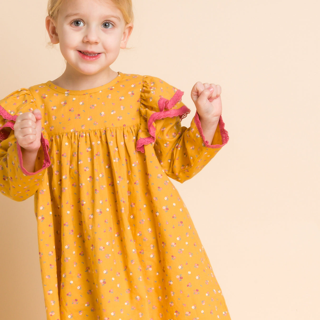 Toddler Flutter Sleeves Dress with Lace Trim | Charlotte Provence Meadow - HoneyBug