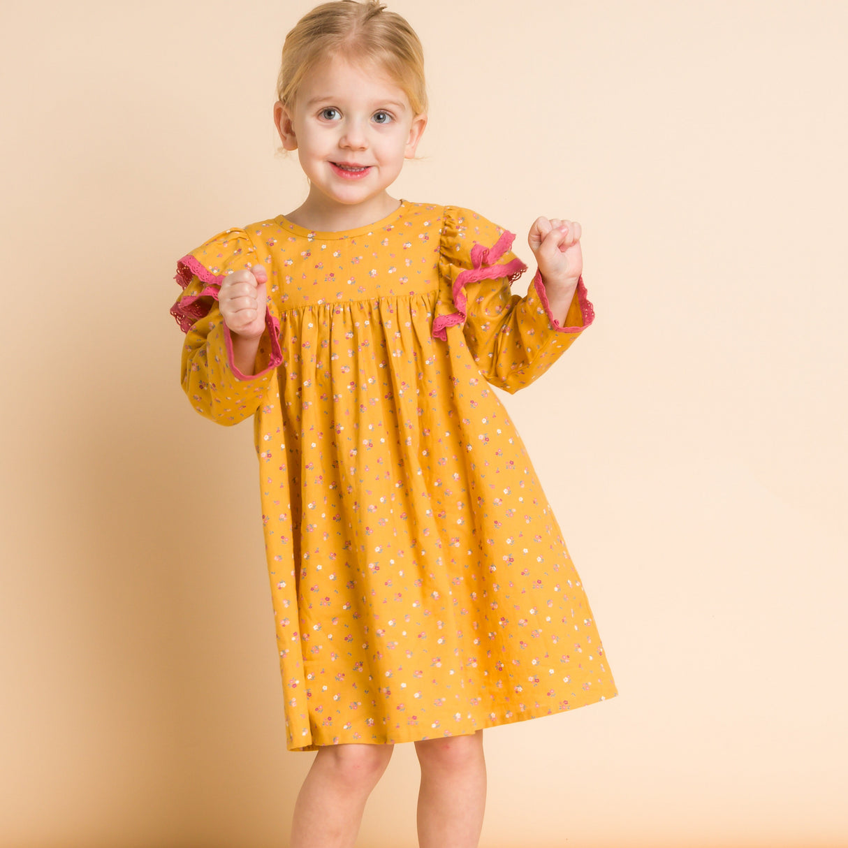 Toddler Flutter Sleeves Dress with Lace Trim | Charlotte Provence Meadow - HoneyBug