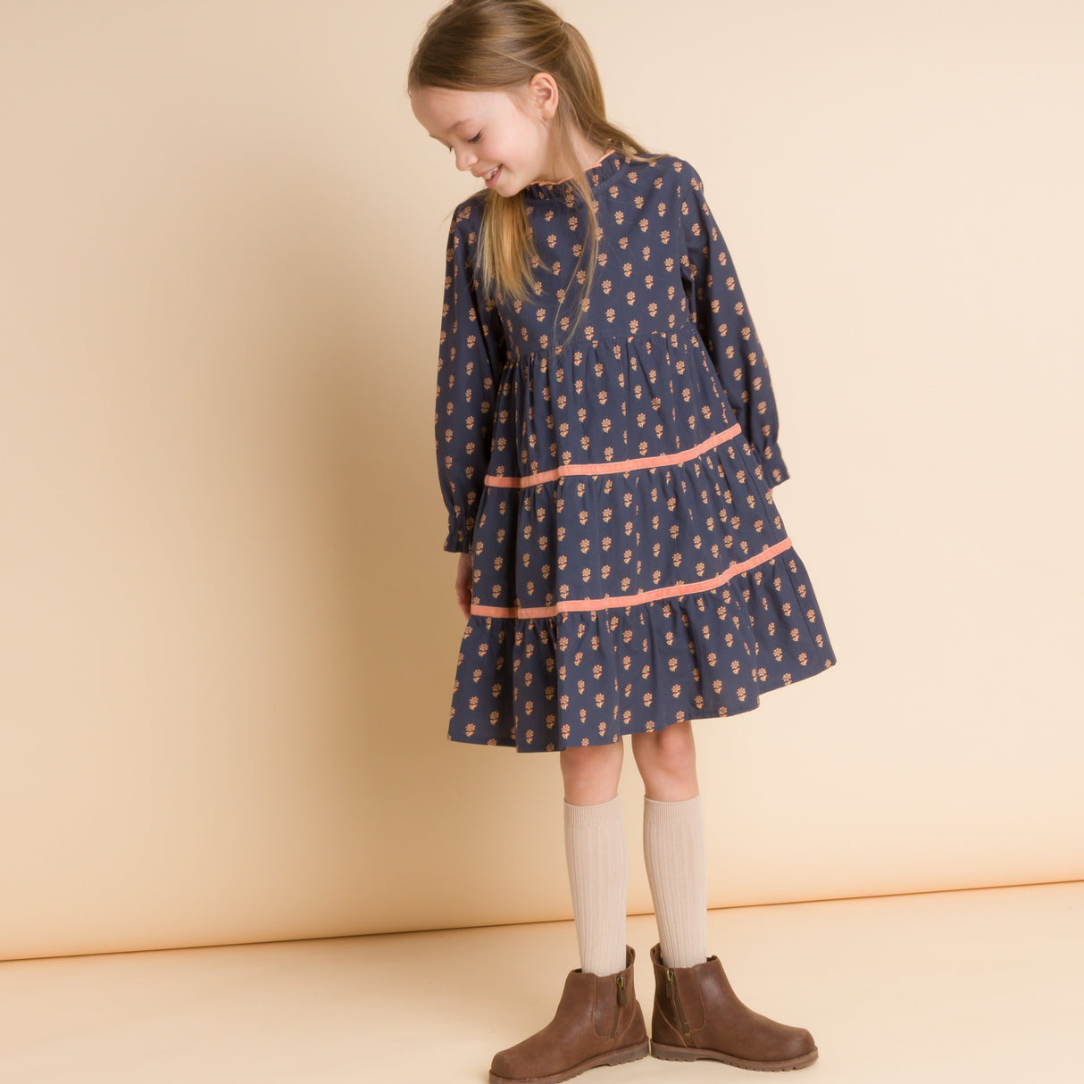 Girls' Long Sleeves Tiered Skirt Dress with Velvet Trim | Orange Floral - HoneyBug