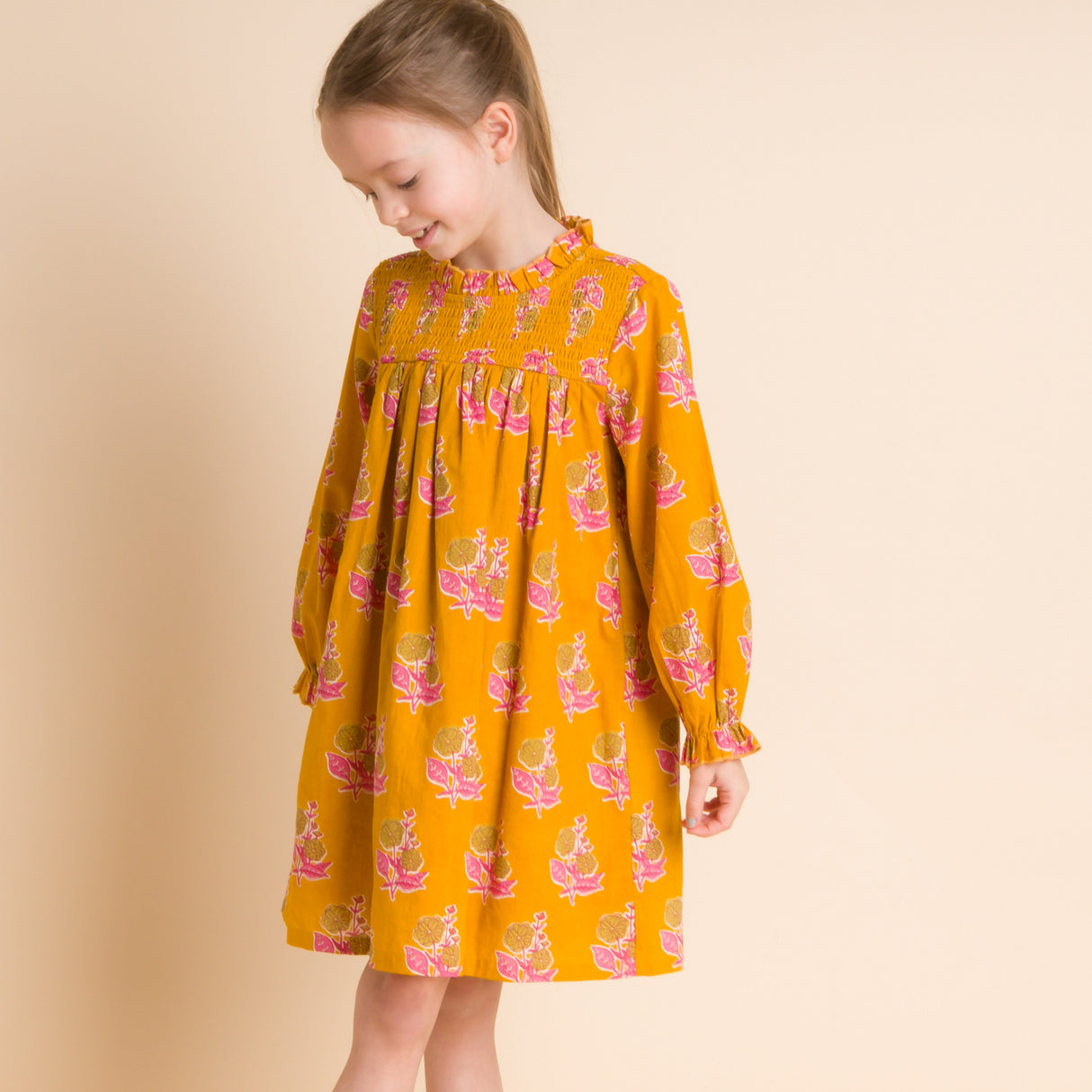 Girls' Smocked Long Sleeve Dress | Mustard and Pink - HoneyBug