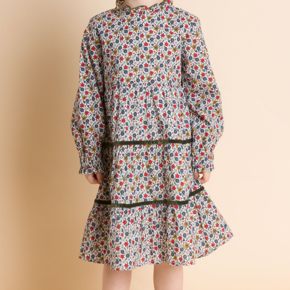 Girls' Long Sleeves Tiered Skirt Dress with Velvet Trim | Blue and Mustard - HoneyBug