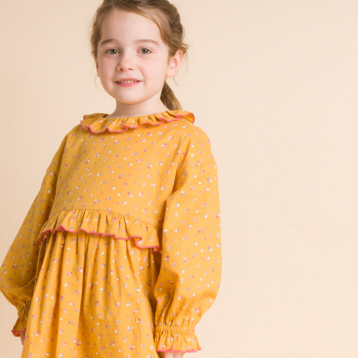 Girls' Ruffle Collar Long Sleeve Dress | Mustard and Pink - HoneyBug