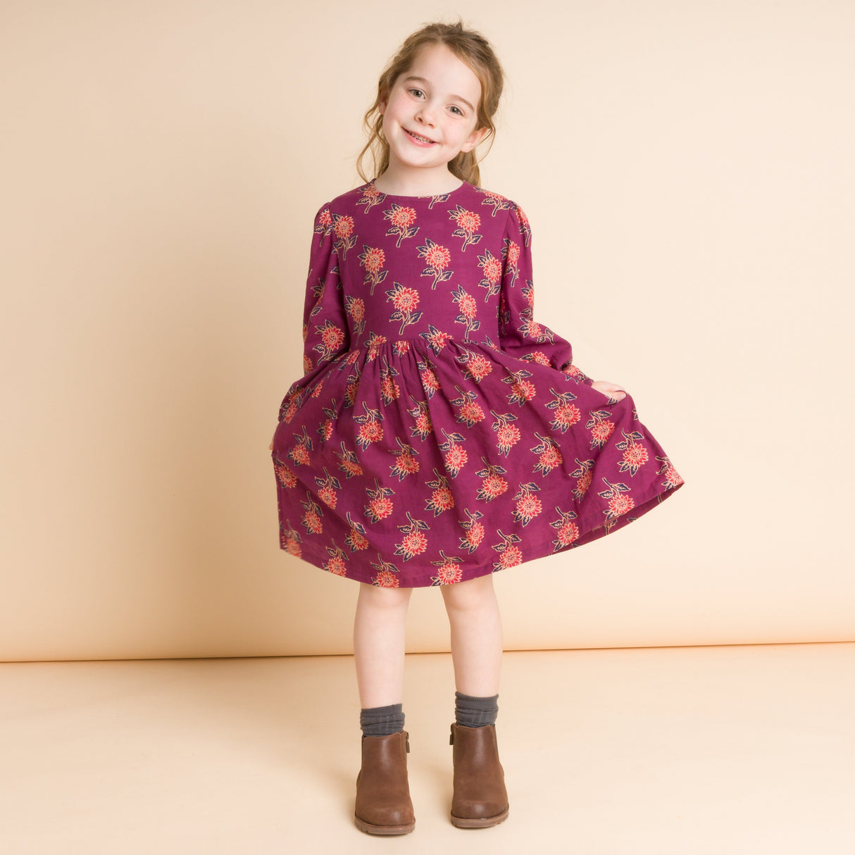 Girls' Long Sleeve Dress with Floral Motif | Purple & Red - HoneyBug