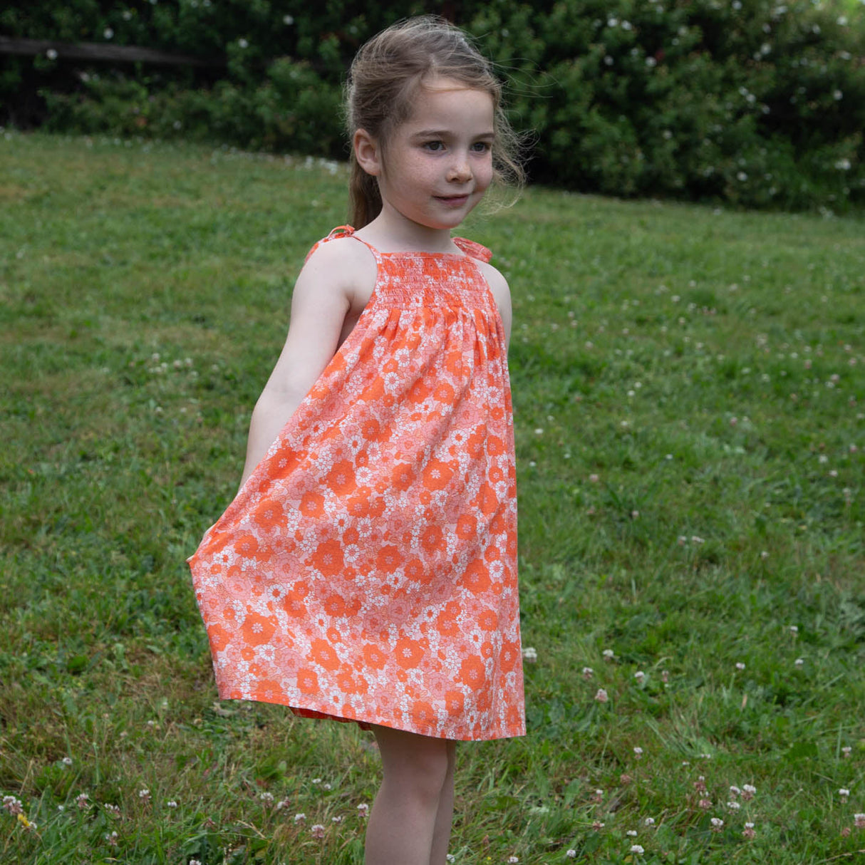 Girls' Shoulder-Tie Smocked Dress | Orange Meadow - HoneyBug