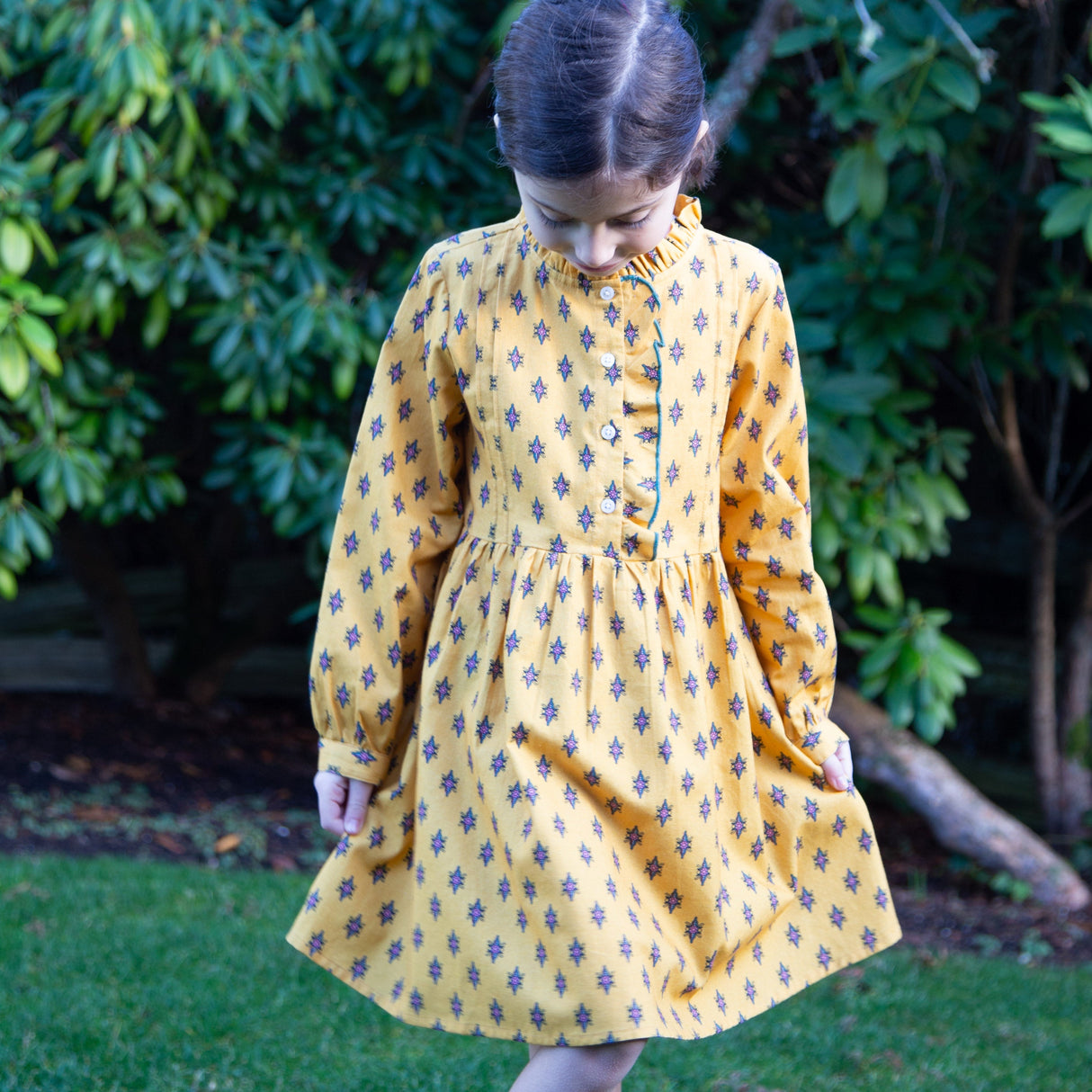 Girls' Long Sleeves Dress with Front Ruffle| Yellow and Pink - HoneyBug