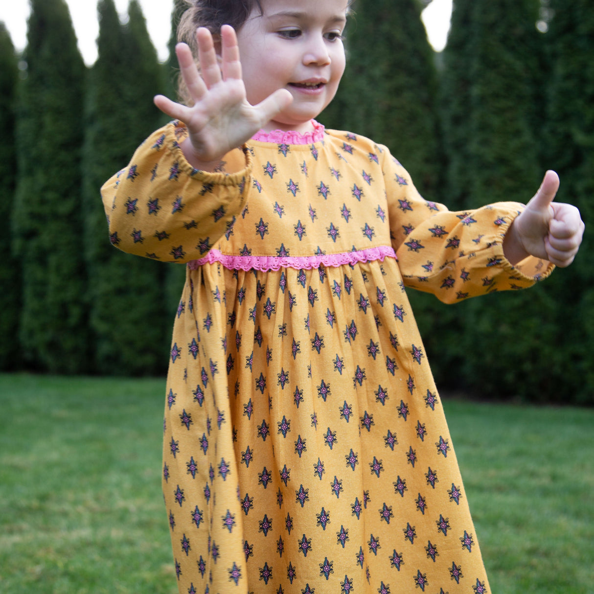 Toddler Long Sleeves Dress with Lace Trim | Yellow and Pink - HoneyBug