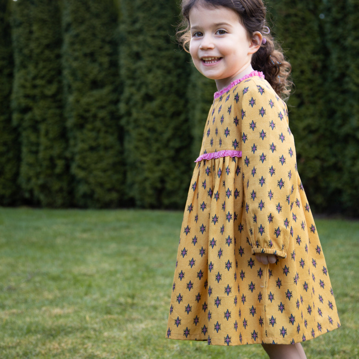 Toddler Long Sleeves Dress with Lace Trim | Yellow and Pink - HoneyBug
