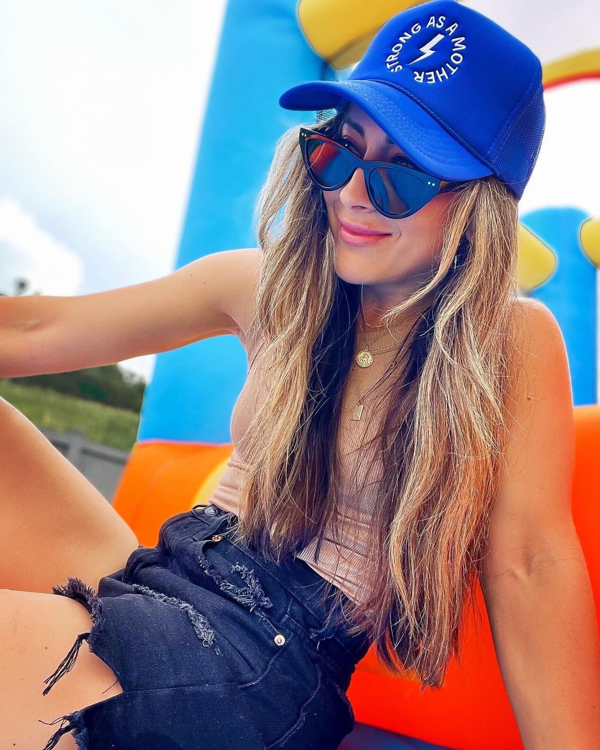 Strong as a mother™ Embroidered Trucker Hat - Royal Blue - HoneyBug