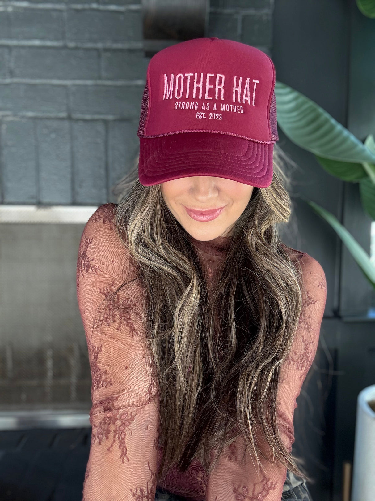 Mother Hat - Embroidered Trucker Hat - Maroon - HoneyBug