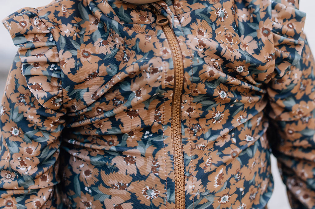 Venetian Floral Long Sleeve Ruffle Zipper One-Piece - HoneyBug