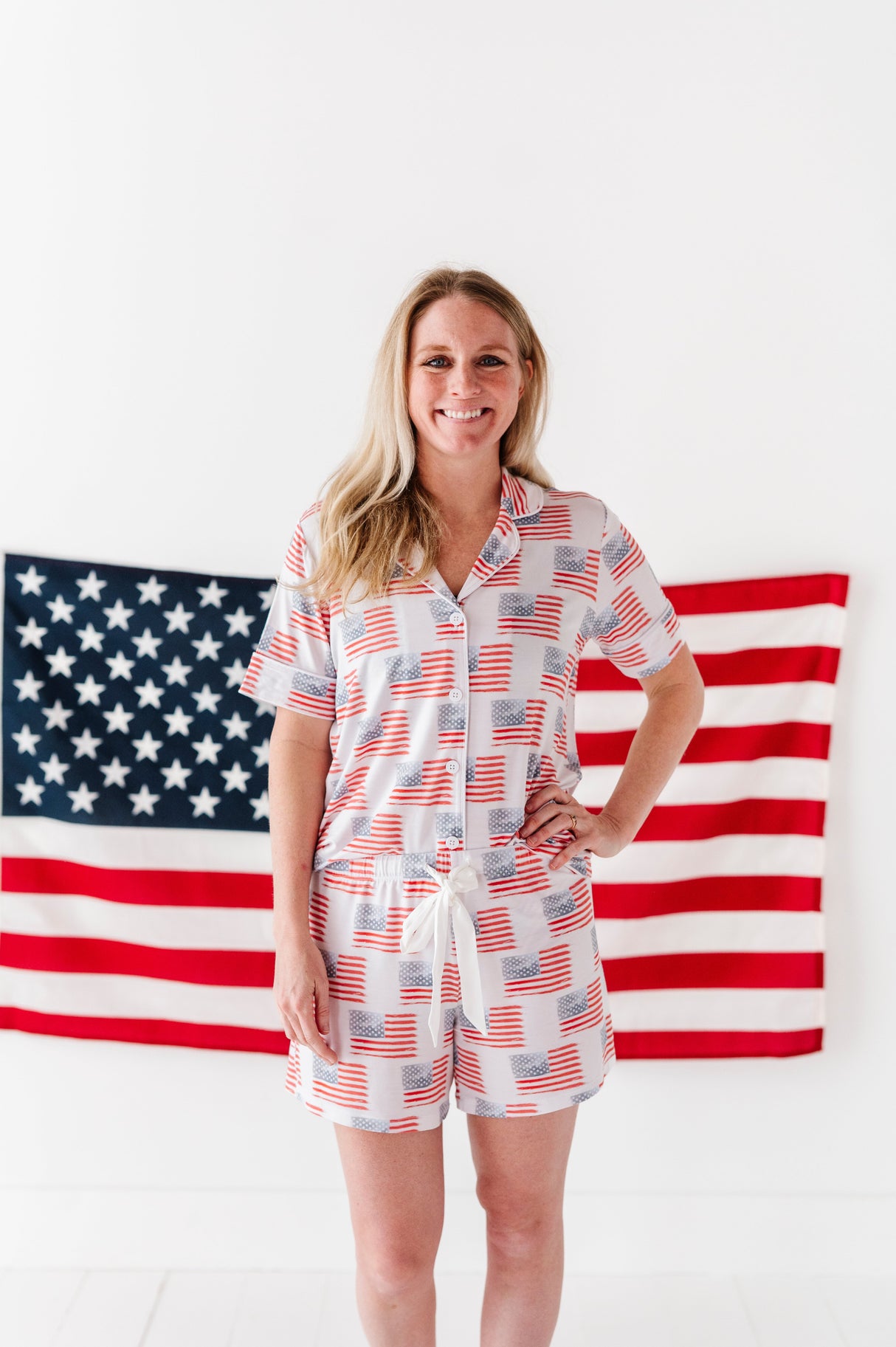 American Flag Womenβs Button Down Short Set - HoneyBug