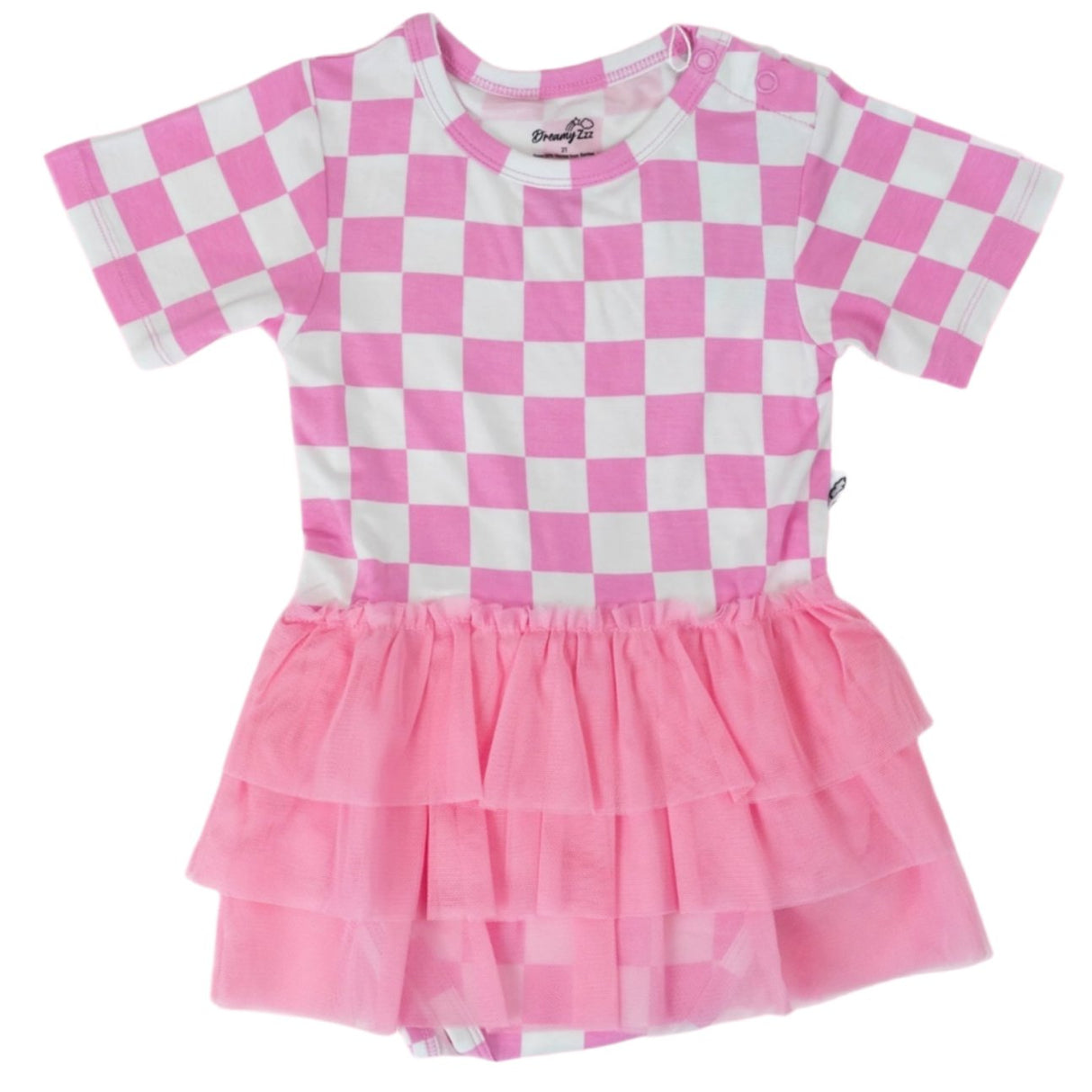 BUBBLEGUM CHECKERS DREAM TUTU BODYSUIT DRESS - HoneyBug