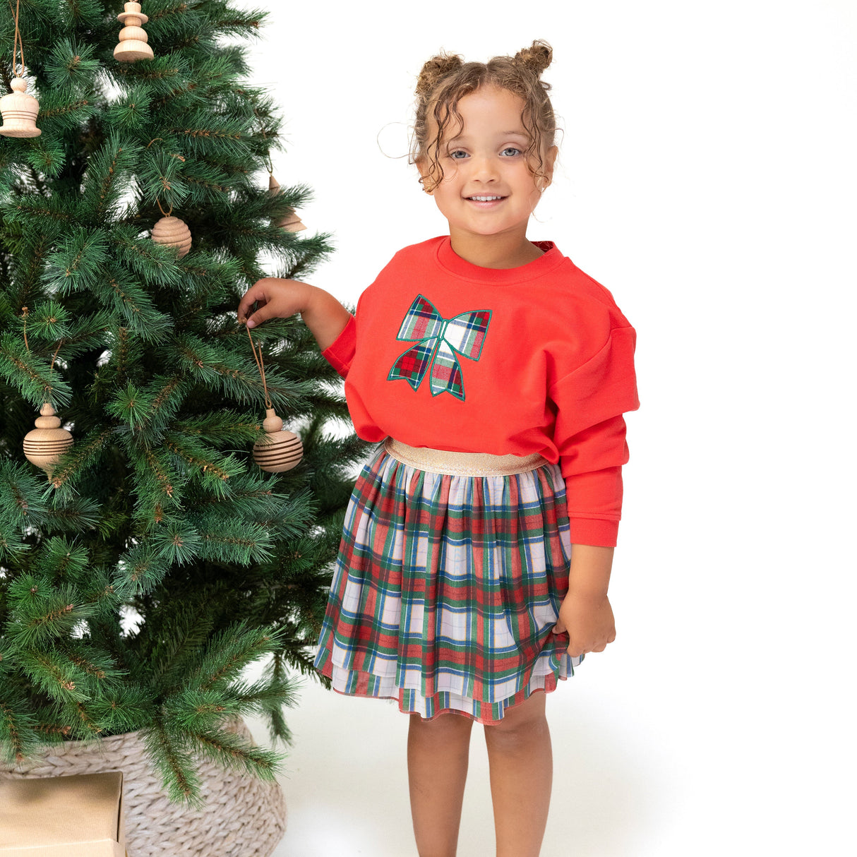 Drop Sleeve Bow Sweatshirt with Rib Cuffs - Holiday Plaid - HoneyBug