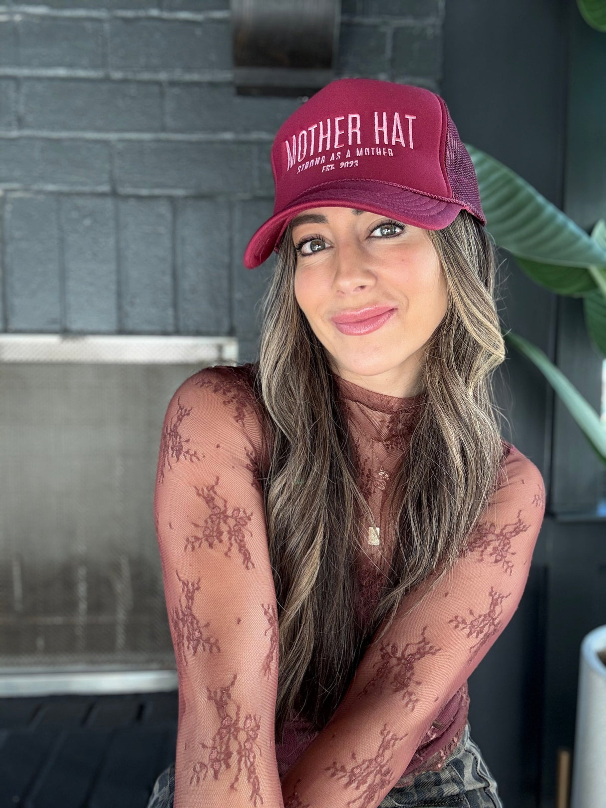 Mother Hat - Embroidered Trucker Hat - Maroon - HoneyBug