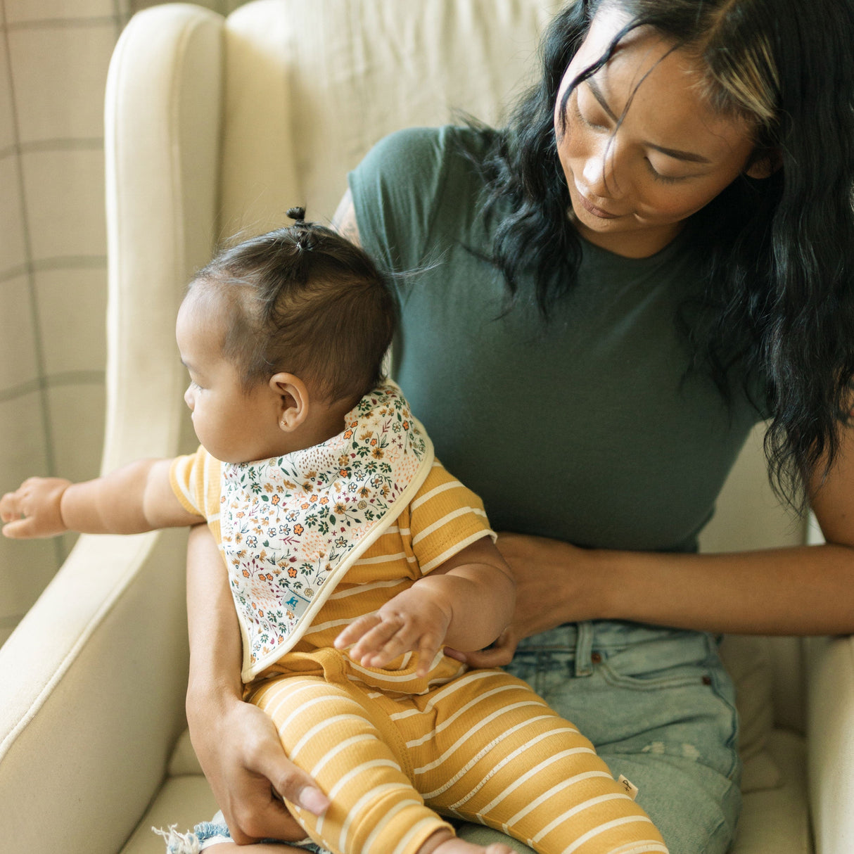 Cotton Muslin + Fleece Bandana Bib 4 Pack - Pressed Petals - HoneyBug