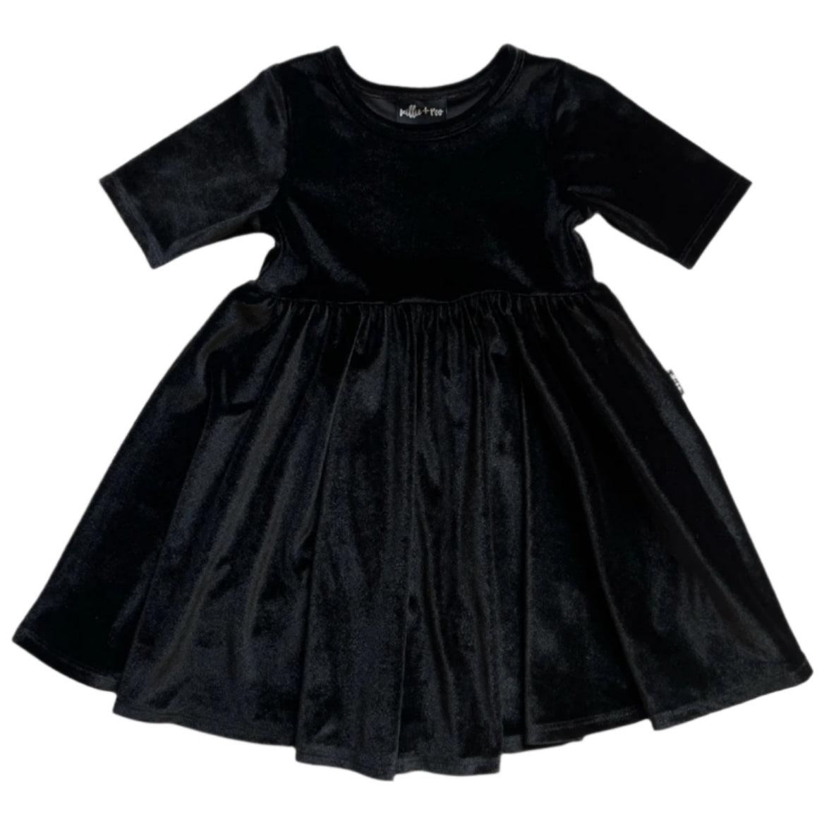 VELVET MID SLEEVE TWIRL- Onyx Stretch Velvet Twirl Dress - HoneyBug