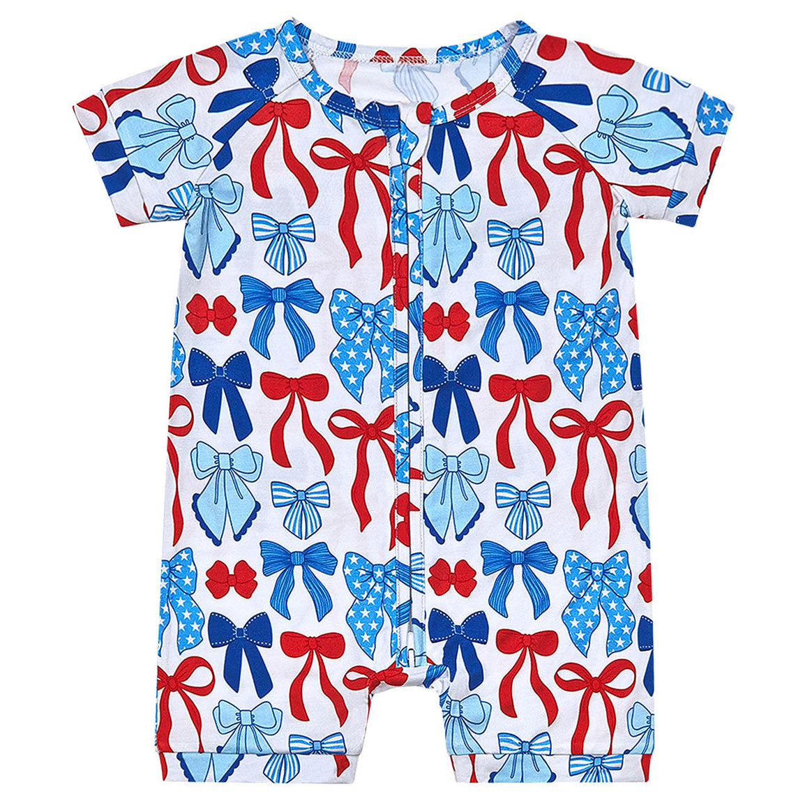 Bamboo Shorty Romper | Red-White & Bows