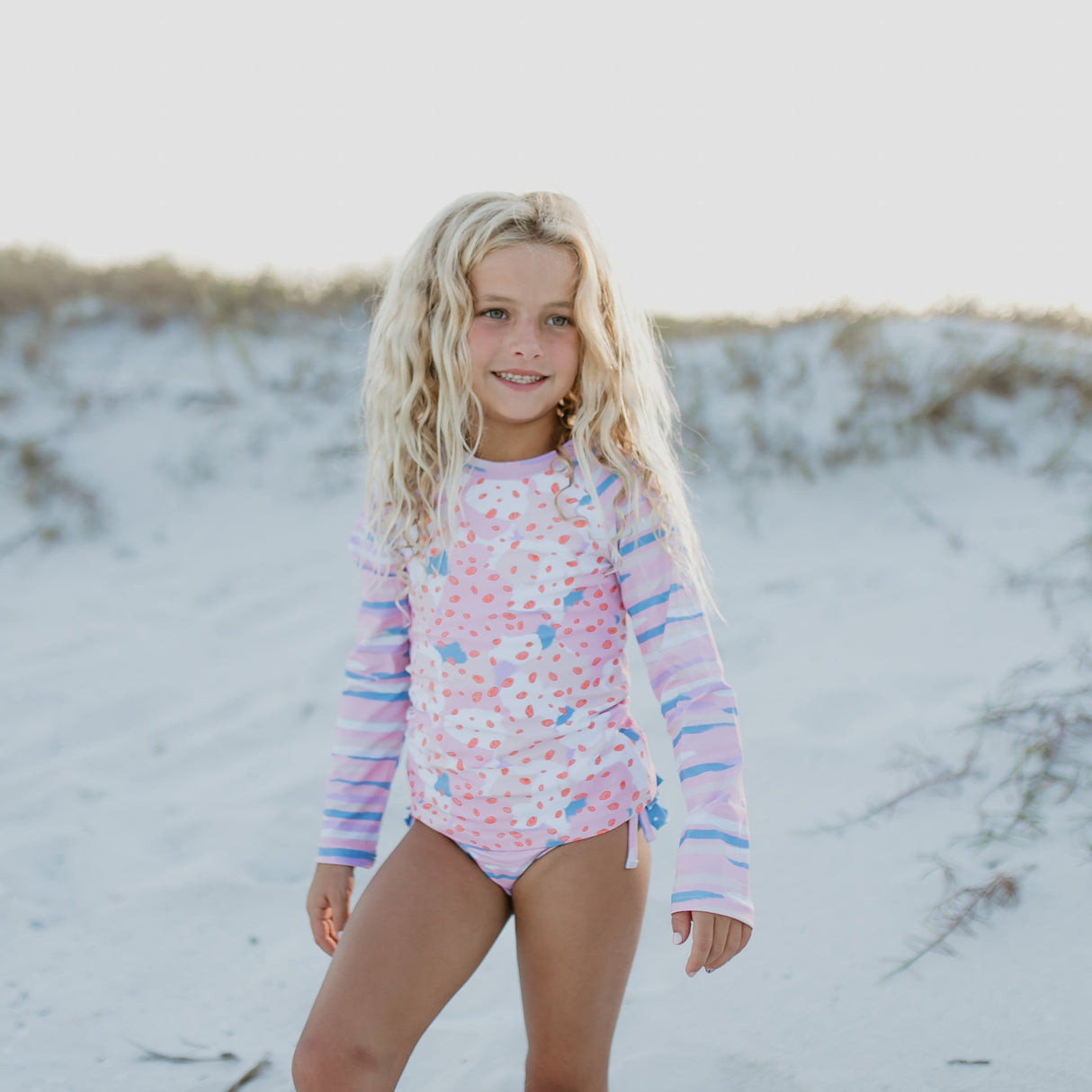 Elsie Pink Blue Abstract Long Sleeve Rash Guard Swimsuit - HoneyBug