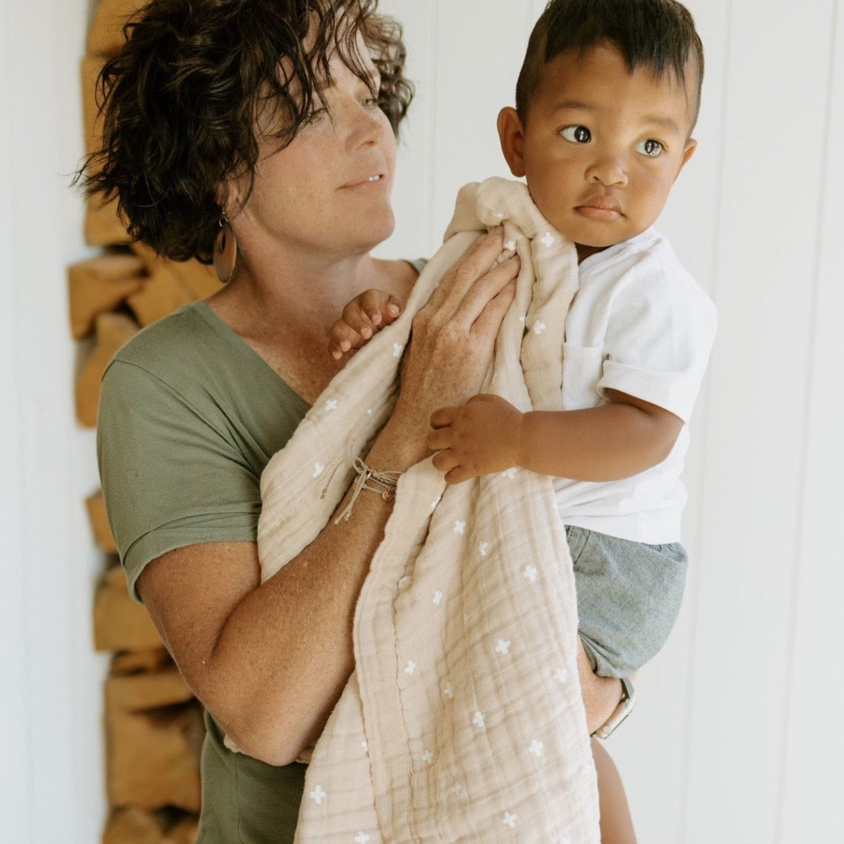 Cotton Muslin Baby Quilt - Taupe Cross - HoneyBug