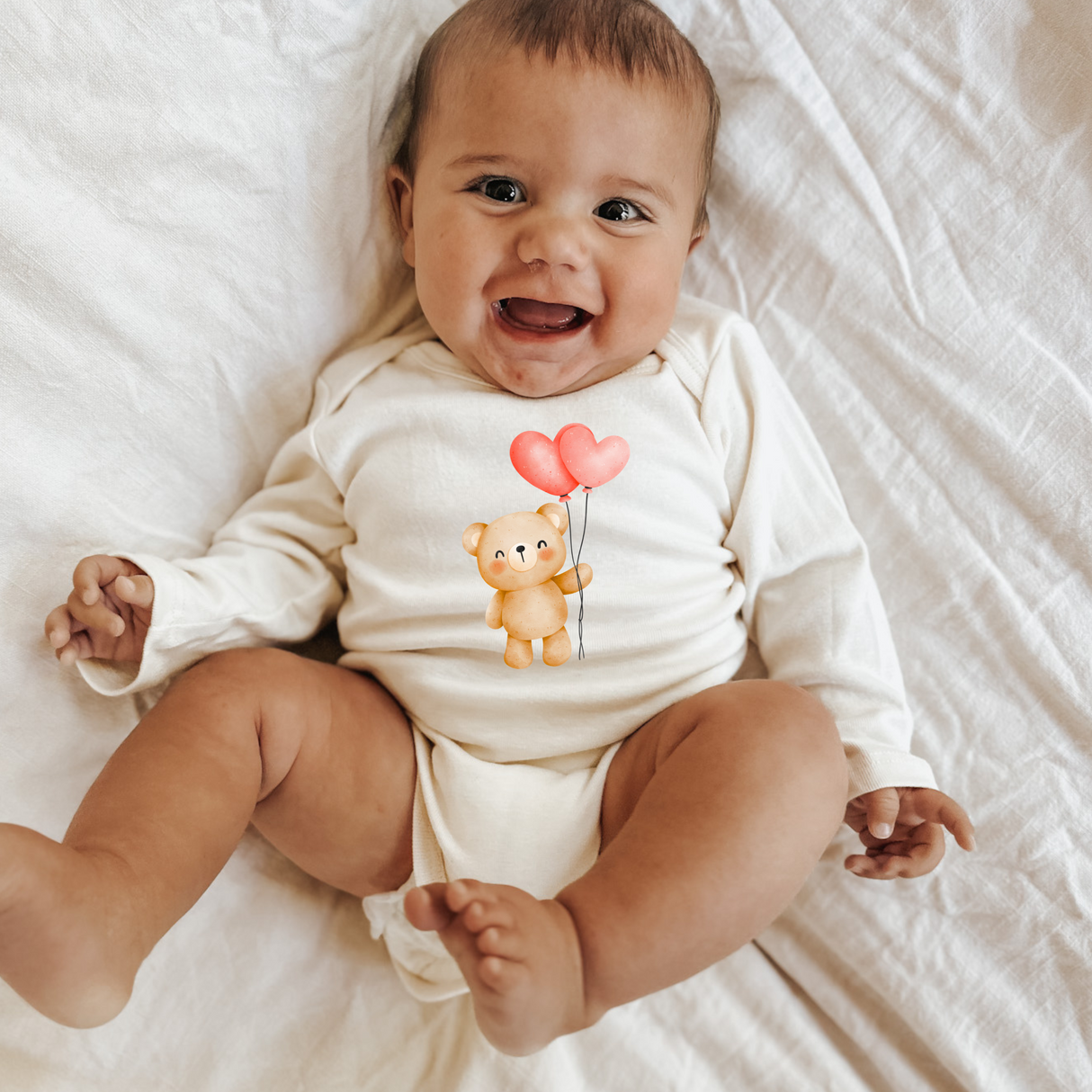 Heart Balloon Bear Organic Baby Bodysuit Long Sleeve