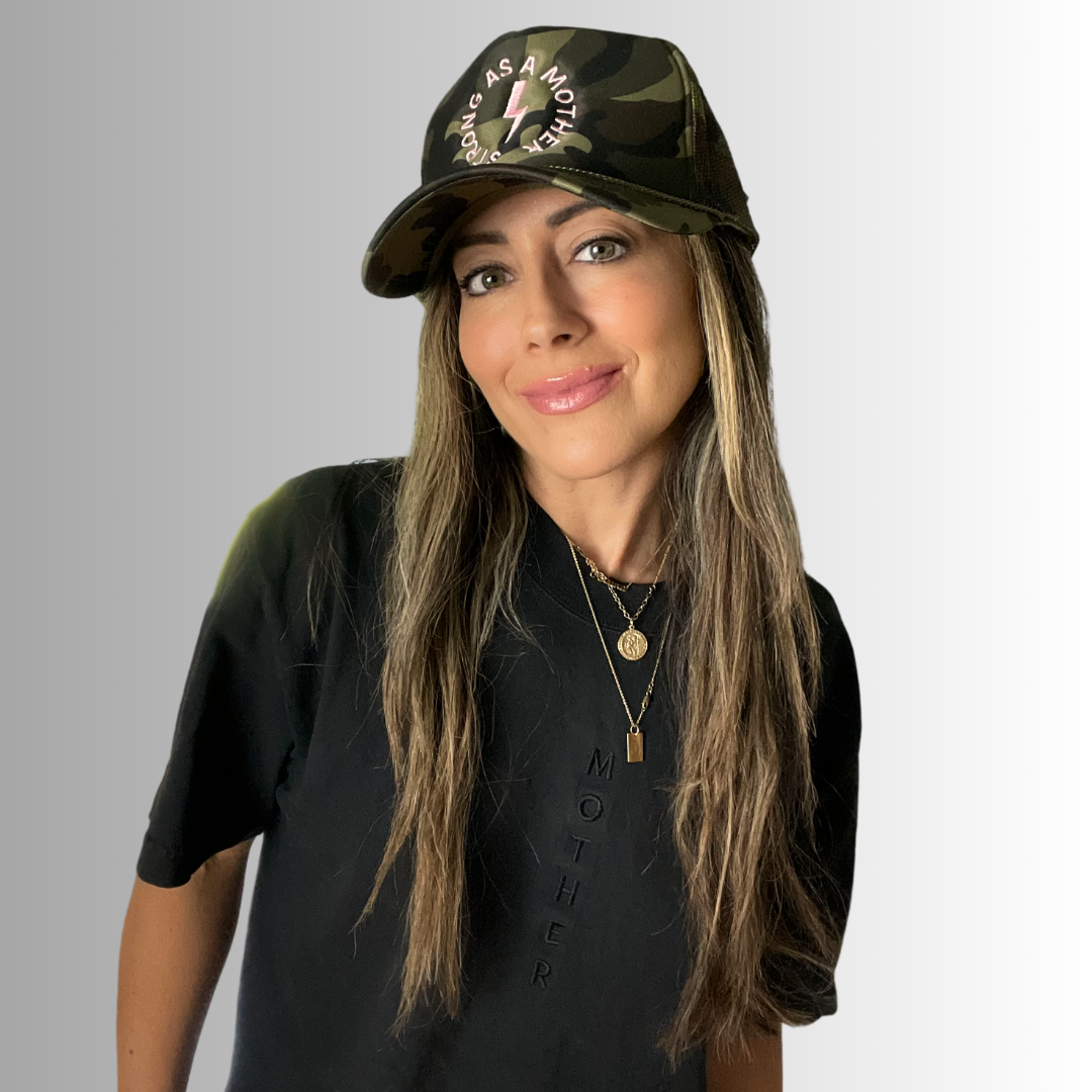 Strong as a mother™ Embroidered Trucker Hat - Camo + Baby Pink - HoneyBug