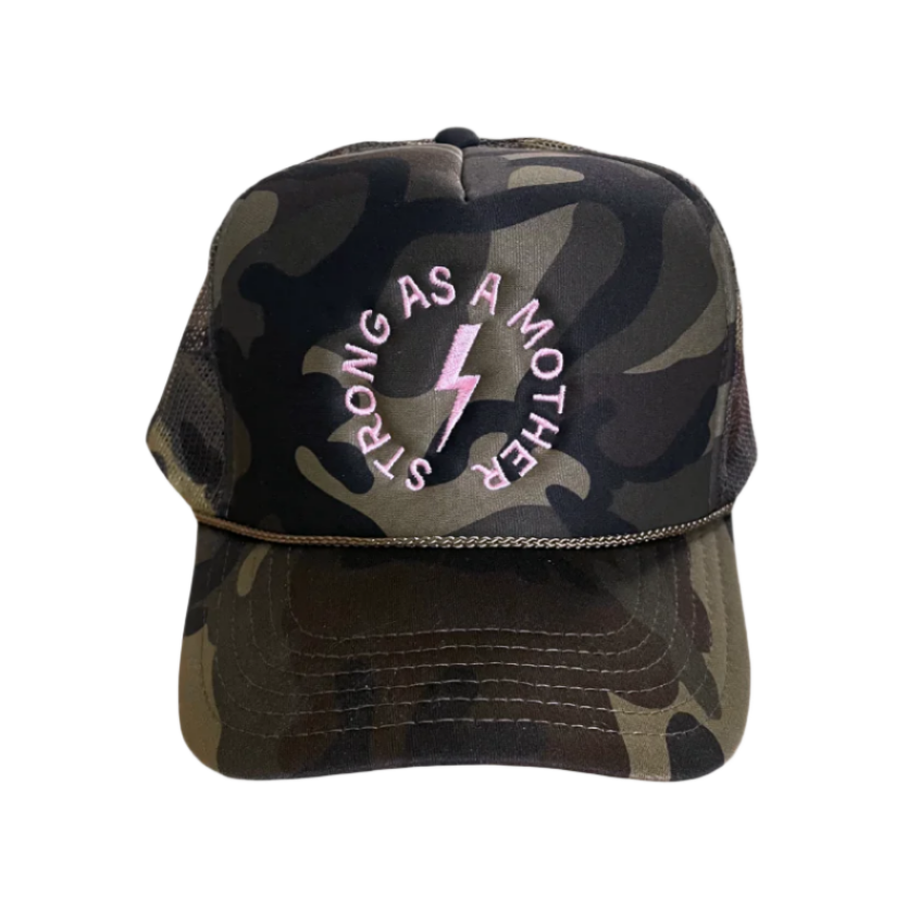 Strong as a mother™ Embroidered Trucker Hat - Camo + Baby Pink - HoneyBug