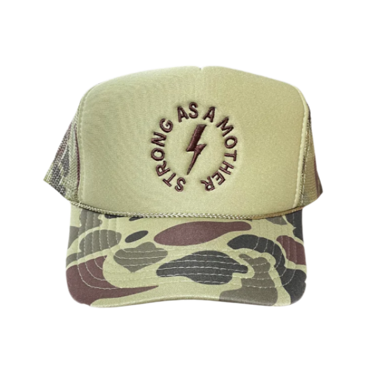 Strong as a mother™ Embroidered Trucker Hat - Camo + Olive - HoneyBug