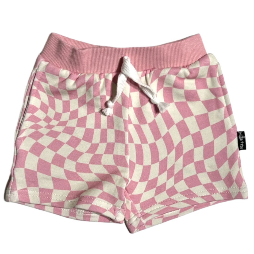 BAMBOO JOGGER SHORTS- Pink Dizzy Check - HoneyBug