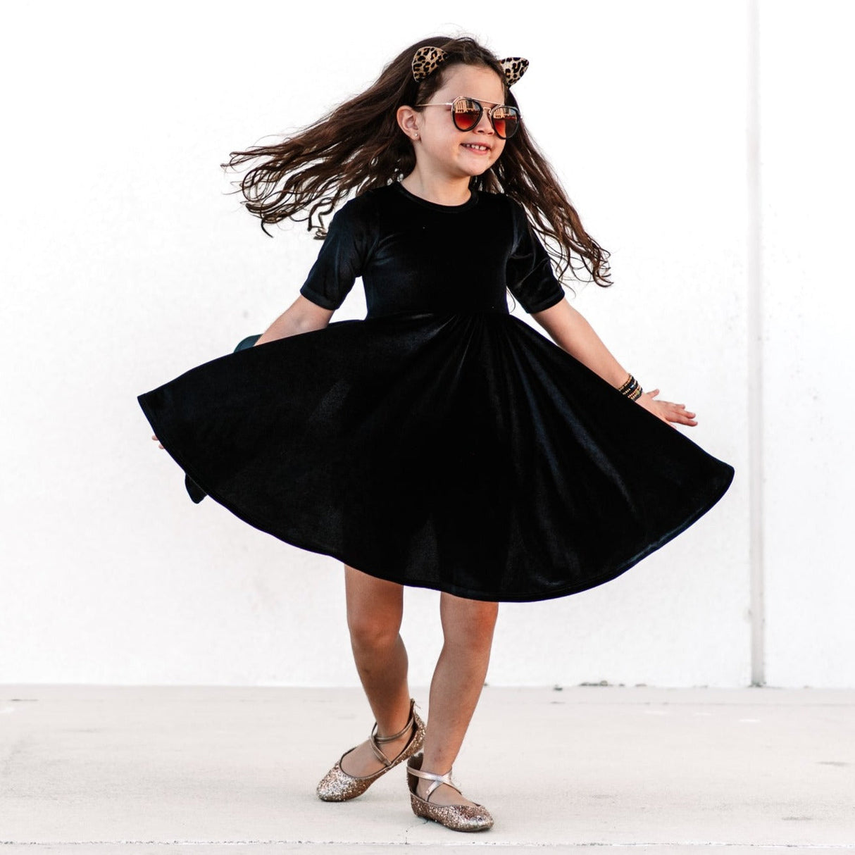 VELVET MID SLEEVE TWIRL- Onyx Stretch Velvet Twirl Dress - HoneyBug