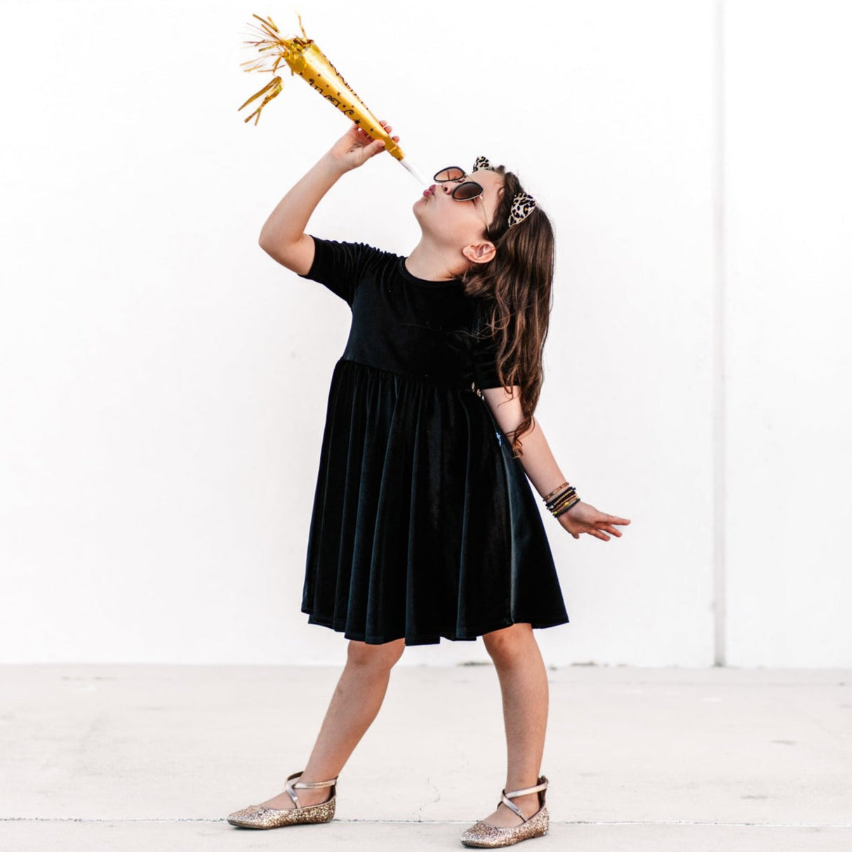 VELVET MID SLEEVE TWIRL- Onyx Stretch Velvet Twirl Dress - HoneyBug