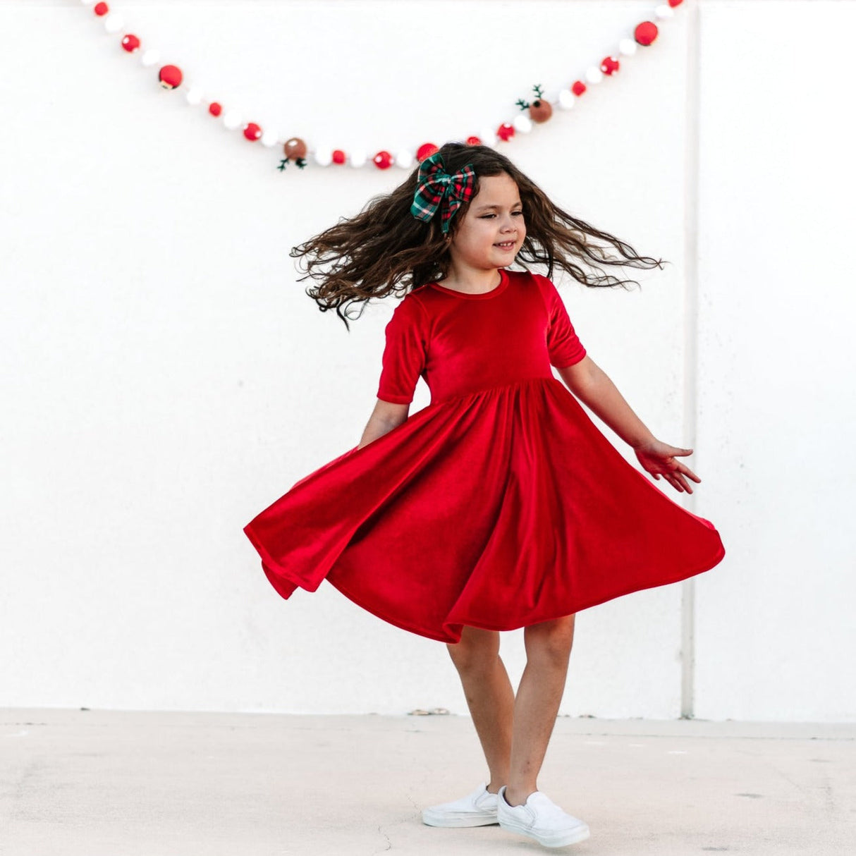 VELVET MID SLEEVE TWIRL- Ruby Red Stretch Velvet Twirl Dress - HoneyBug