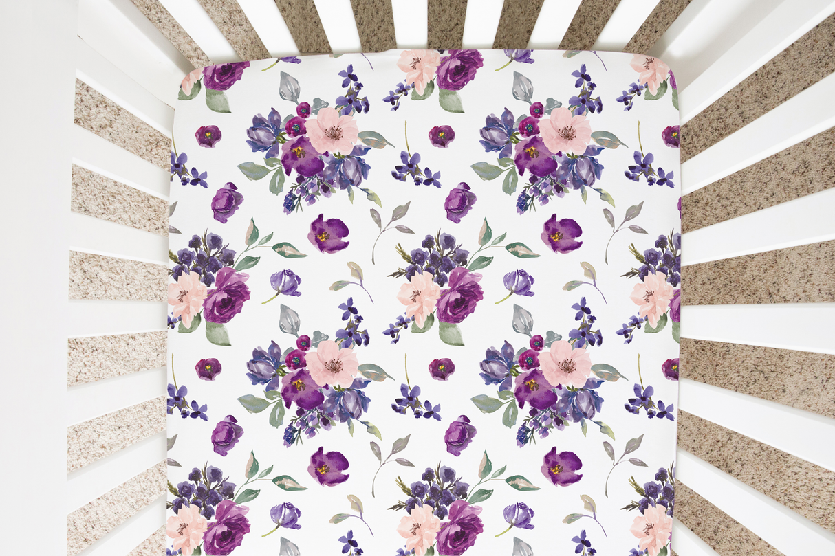 Fitted Crib Sheet - Purple & Blush Floral - HoneyBug