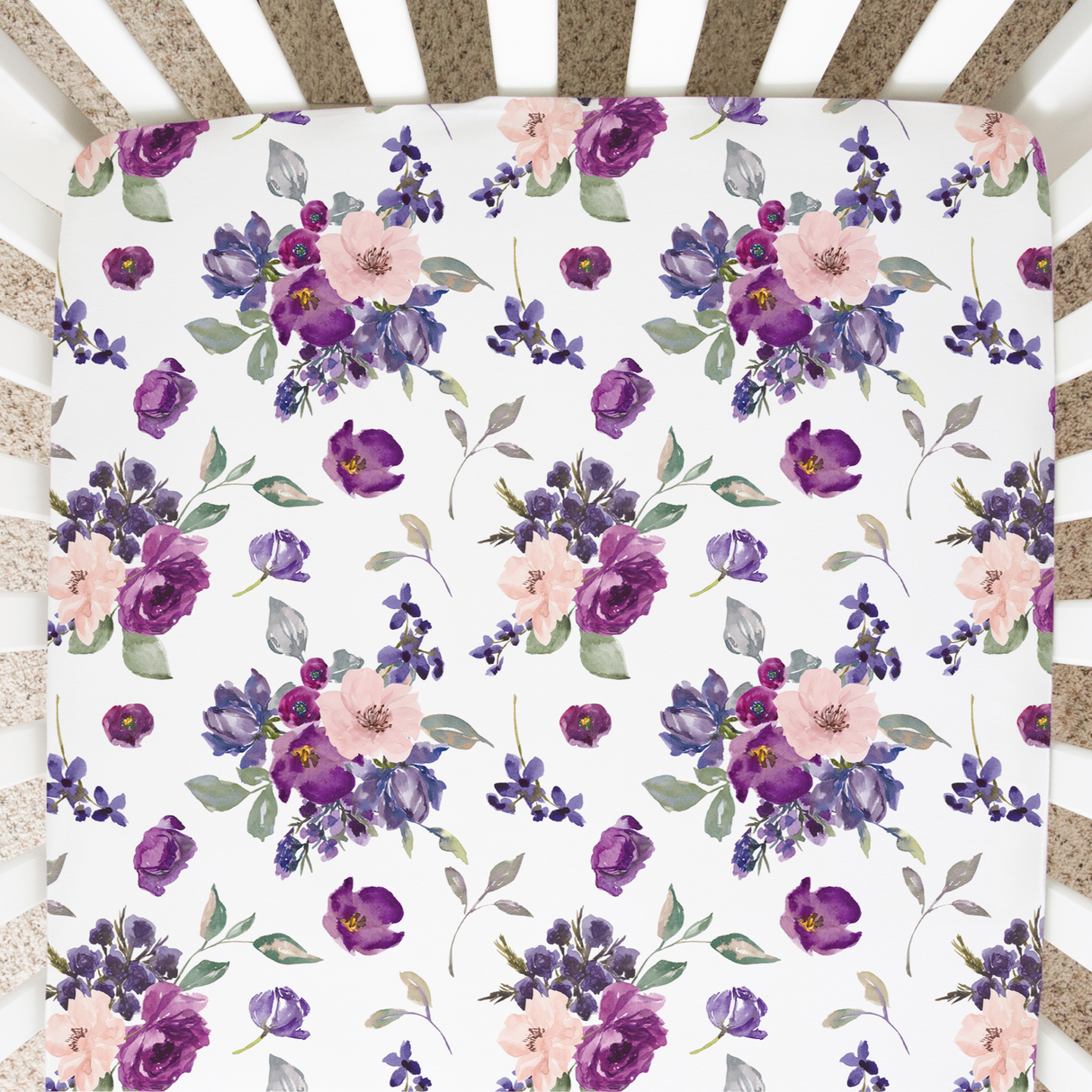Fitted Crib Sheet - Purple & Blush Floral - HoneyBug