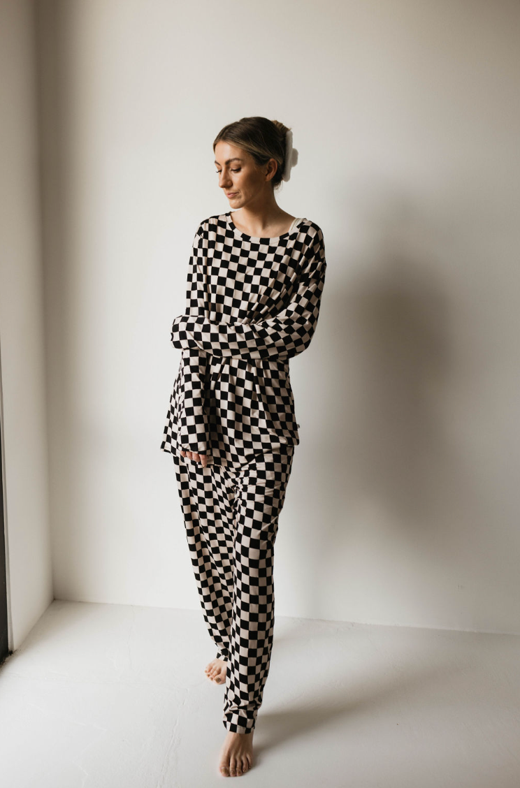 Adult Bamboo Pajamas | Black Checker - HoneyBug