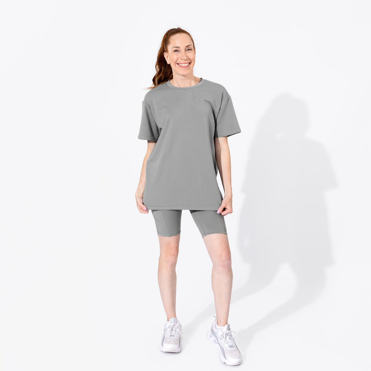 Stormy Grey Bamboo Blend Women's Oversized Tee & Biker Shorts Set - HoneyBug