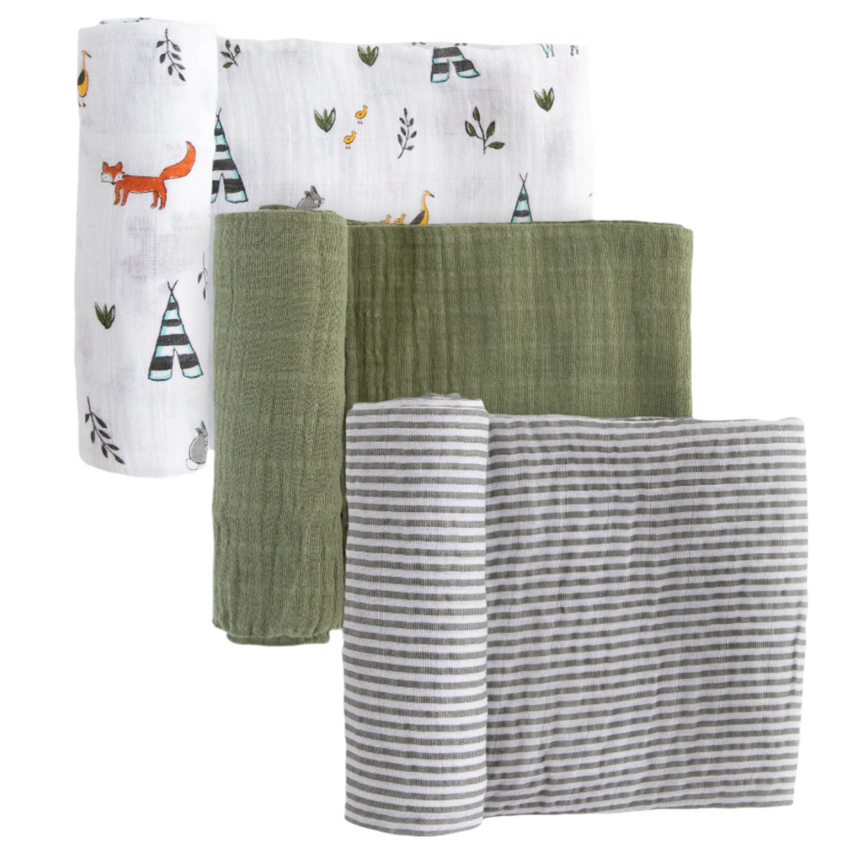 Cotton Muslin Swaddle Blanket 3 Pack - Forest Friends 2 - HoneyBug